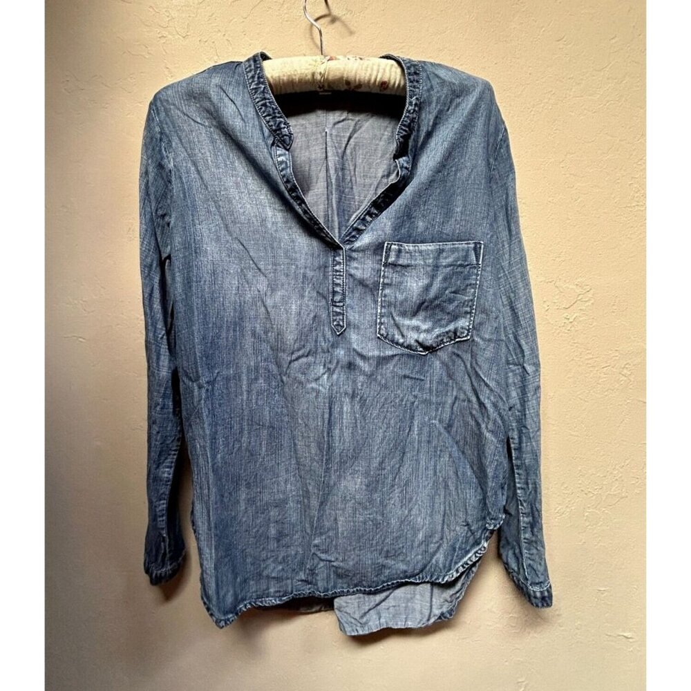 Cloth & Stone Womens Tencel Split Neck Blouse Top Large Blue Long Sleeve Casual
